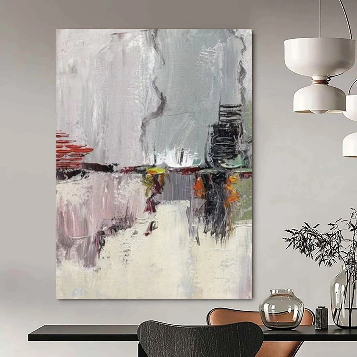 Grey, Red, Yellow & Green Abstract Cityscape - "Urban Impressions" - Abstract Oil Painting CT1459