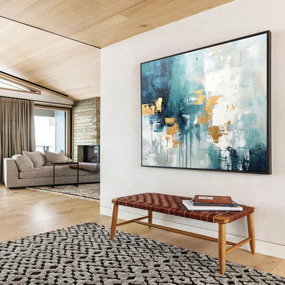 “Teal - Blue And Gold Abstract Drizzle” Abstract Painting On Canvas DLZ073
