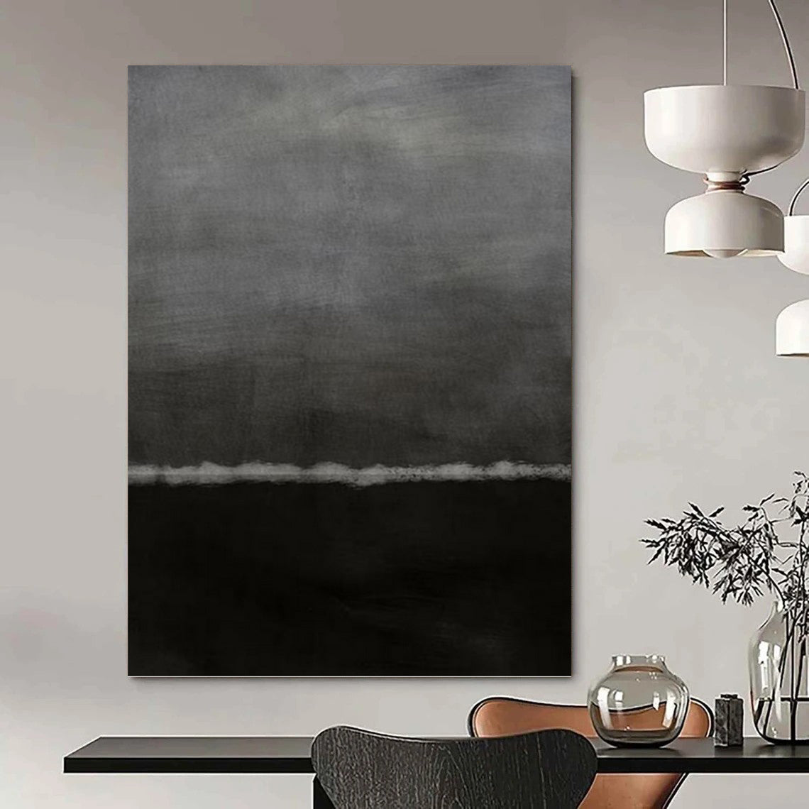 “Black & Gray Minimalist Horizon” - Black & Gray Abstract Minimalist Painting On Canvas DKH1202