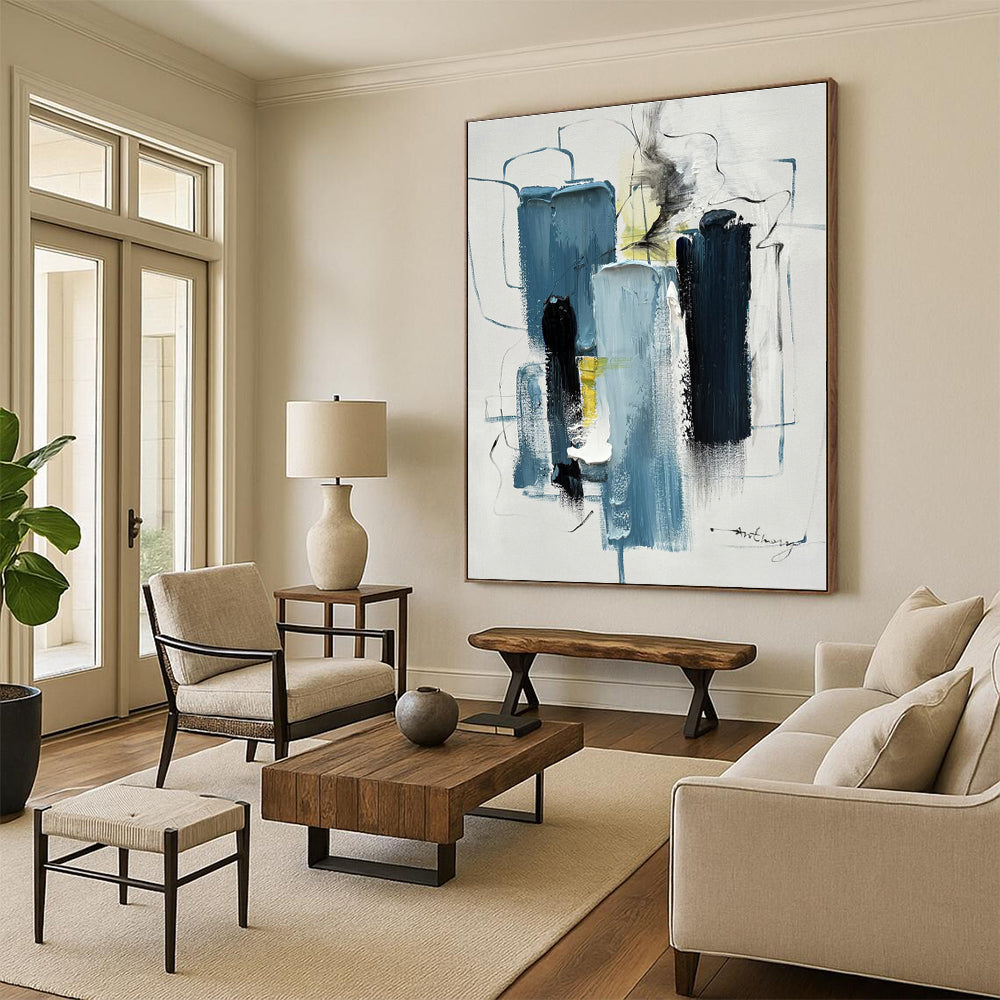 “Blue - Toned Abstract Forms with Lines”，Abstract Contemporary Acrylic Painting CT0516