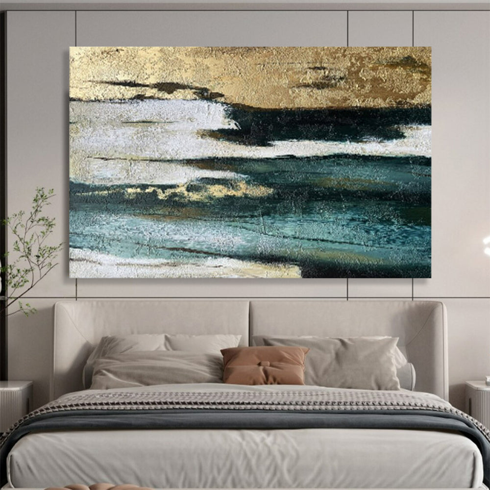 “Gold - Teal Textured Layers” - Teals, golds, whites; layered, textured abstraction with metallic highlights CT1633
