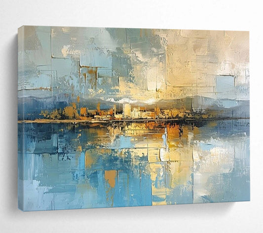 “Urban Reflection” - An urban abstract in blue, gold, and brown CT1640