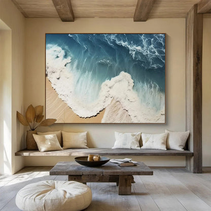 “Aerial Beach Waves” - Hues of blue, white, beige; aerial view of waves lapping against a sandy beach CT1549
