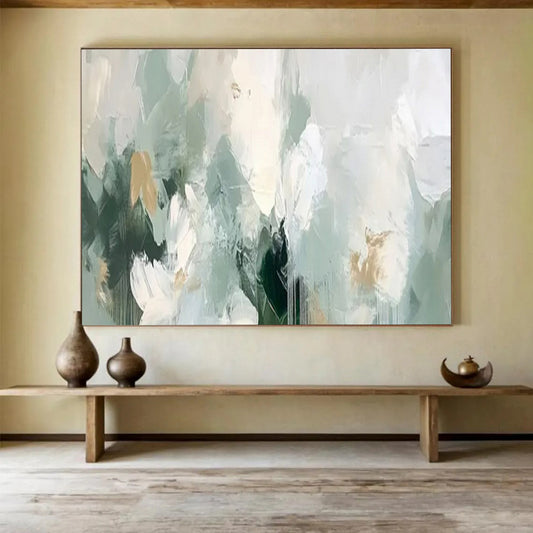 “Mint & Gold Dreamscape” – Soft greens, whites, golds with fluid, abstract acrylic forms CT1693