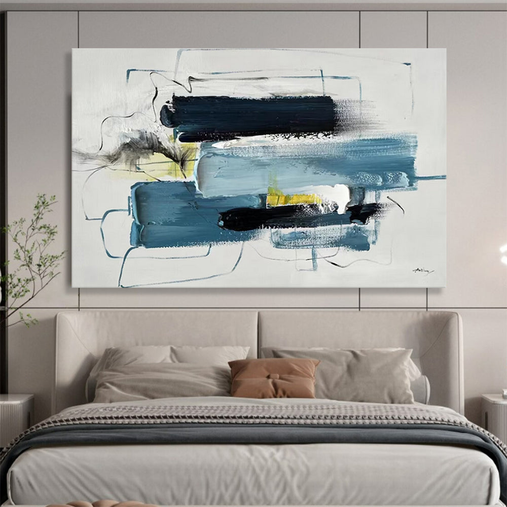 “Blue - Black Abstract Mix” - Blue, black, white, yellow; abstract shapes and lines CT1561