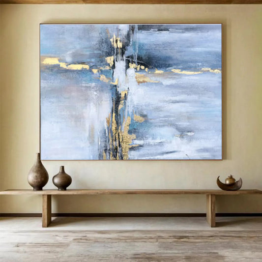 “Blue - Gold Abstract Streaks” - Blues, whites, golds; fluid, streaked abstraction with metallic accents CT1631