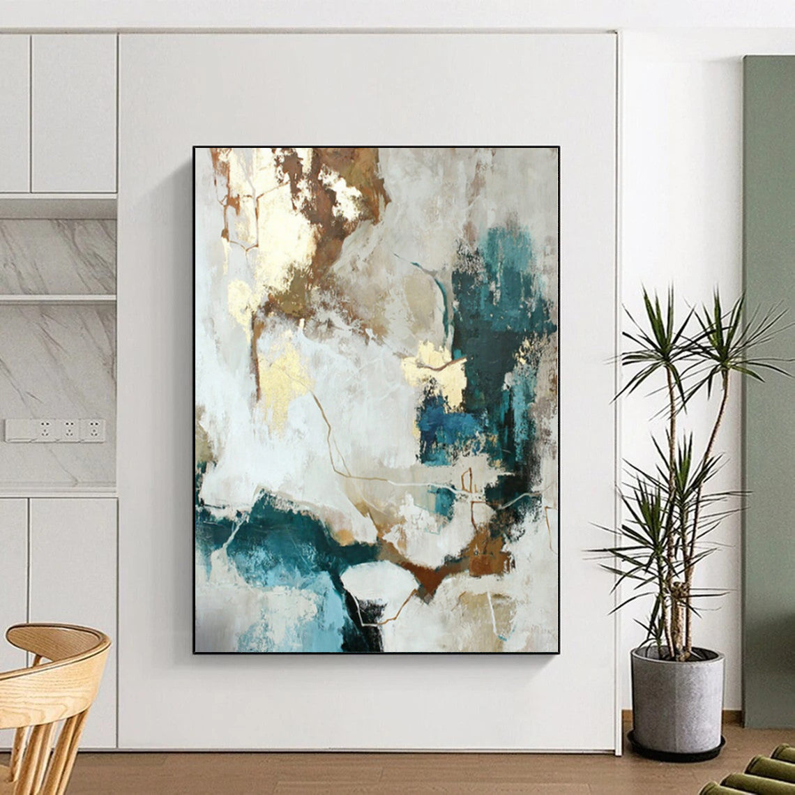 “Blue - Gold - Neutral Abstract Fusion” Abstract Acrylic Art CT0258