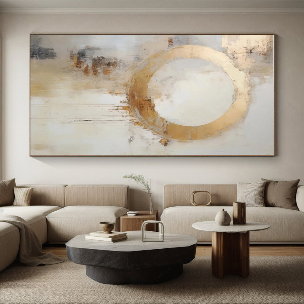 “Gold Circle with Drips”，Abstract Expressionist Mixed - Media Art CT0586