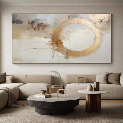 “Gold Circle with Drips”，Abstract Expressionist Mixed - Media Art CT0586