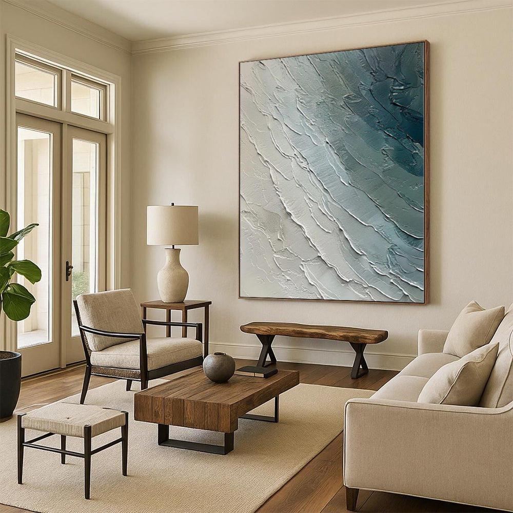 “Textured Sea Layers” - Abstract Acrylic with Shades of Blue, Gray, White CT0084
