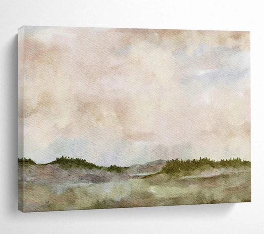 “Hazy Horizons” - Soft pinks, blues, greens; dreamy, misty landscape with distant hills CT1488
