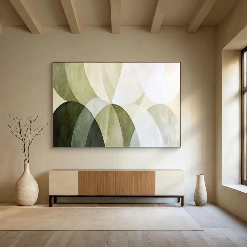 “Green Arc Harmony” – Shades of green, white in overlapping, curved geometric forms CT1700