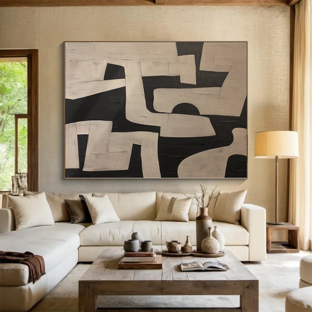 “Geometric Contrast” - Abstract Painting with Black, White Shapes CT0100