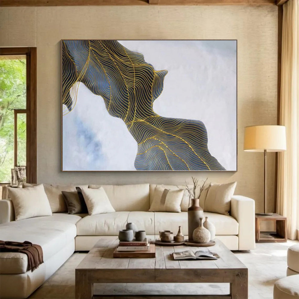 “Blue and Gold Wavy Lines”，Line - Driven Abstract Painting CT0357