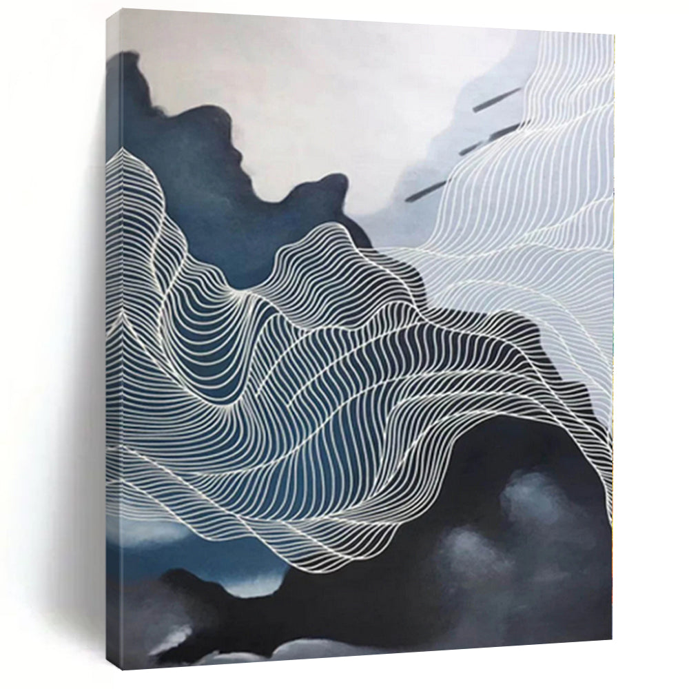 “Dark and Light Wavy White Lines”，Contrast - Focused Abstract Painting CT0358