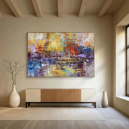 “Golden - Purple Fusion” - Yellows, purples, blues, oranges; layered, chaotic yet harmonious abstract scene CT1516