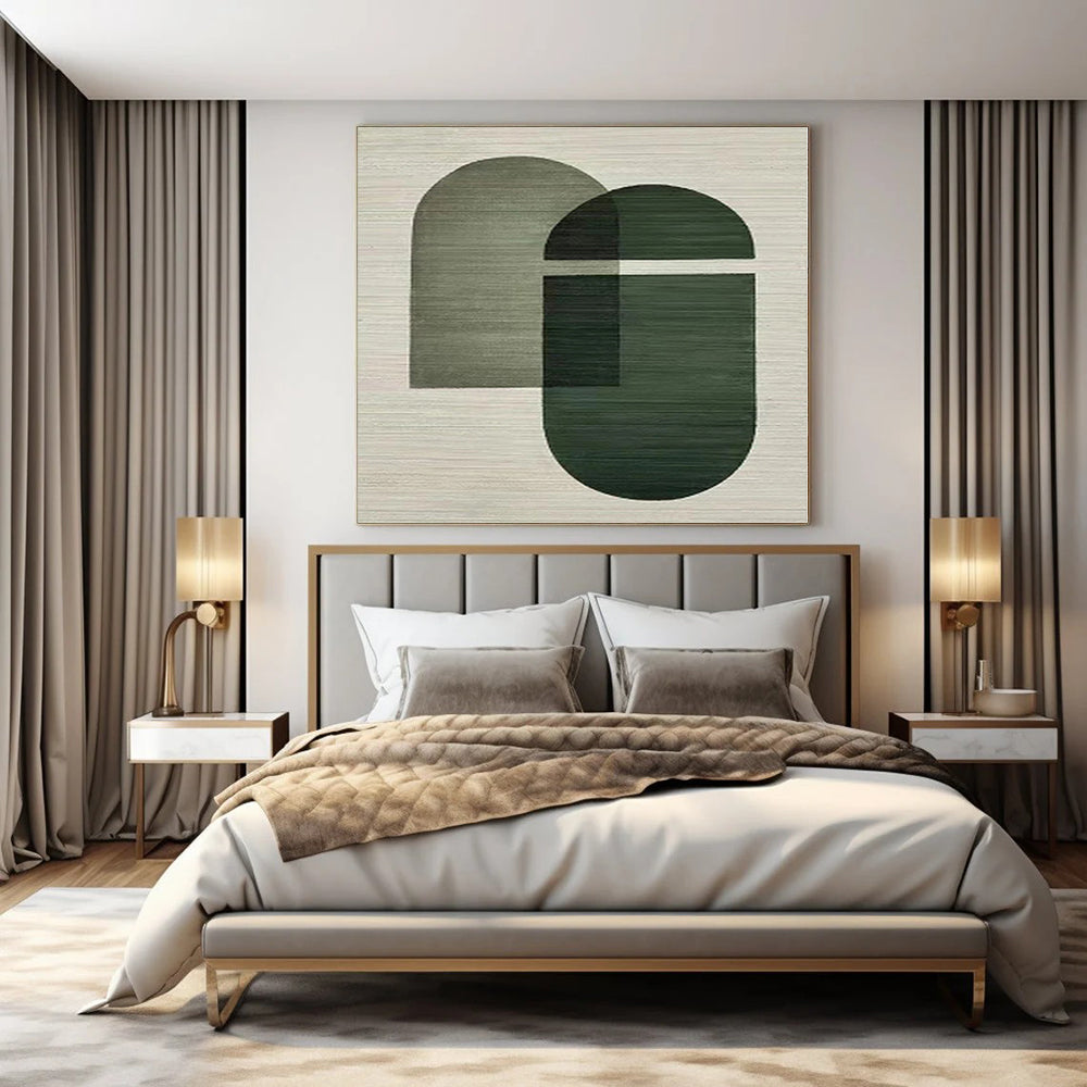 “Olive and Dark Green Geometric Overlaps” Minimalist Acrylic Art CT0165