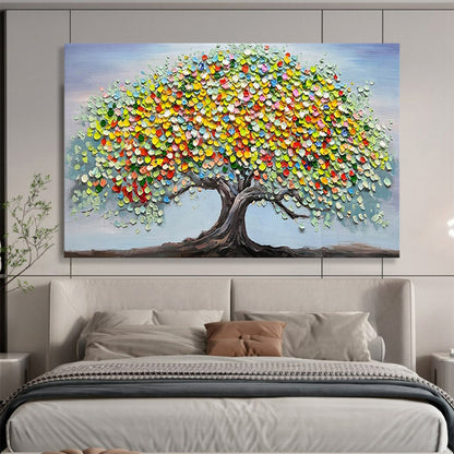“Colorful Tree of Life” - A tree with a dark trunk and a canopy made of colorful, textured circles; set against a light blue sky CT1537