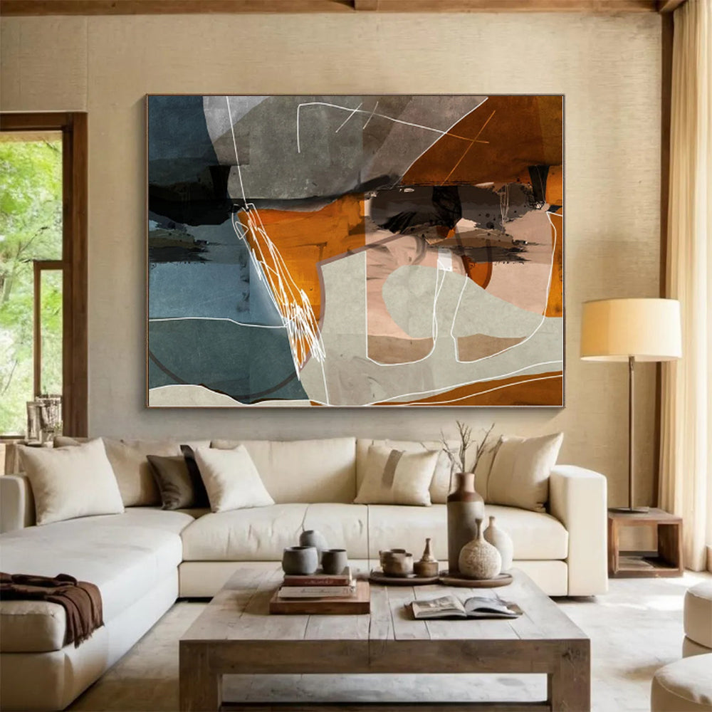 “Orange - Grey Geometric Collage”，Cubist - Inspired Abstract Mixed - Media Art CT0567