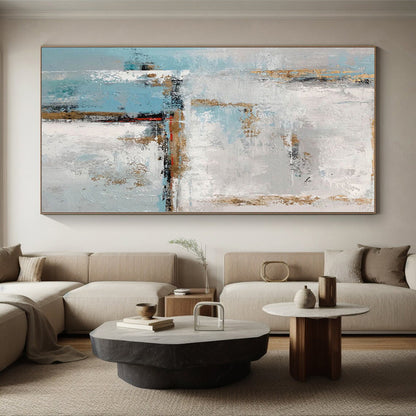 “Blue - White Abstract with Gold Edges”，Minimalist Abstract Painting CT0375