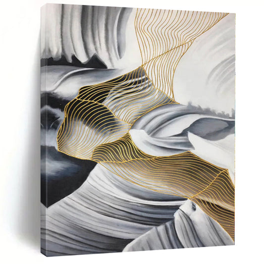 “Black - White - Gold Wavy Nets”，Mixed - Media Abstract Painting CT0351