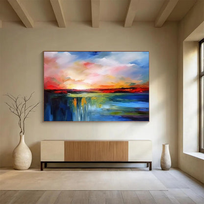 “Fiery Sky Waterfall Twin” - Reds, oranges, blues, greens; abstract sunset waterfall (matching pair) CT1597
