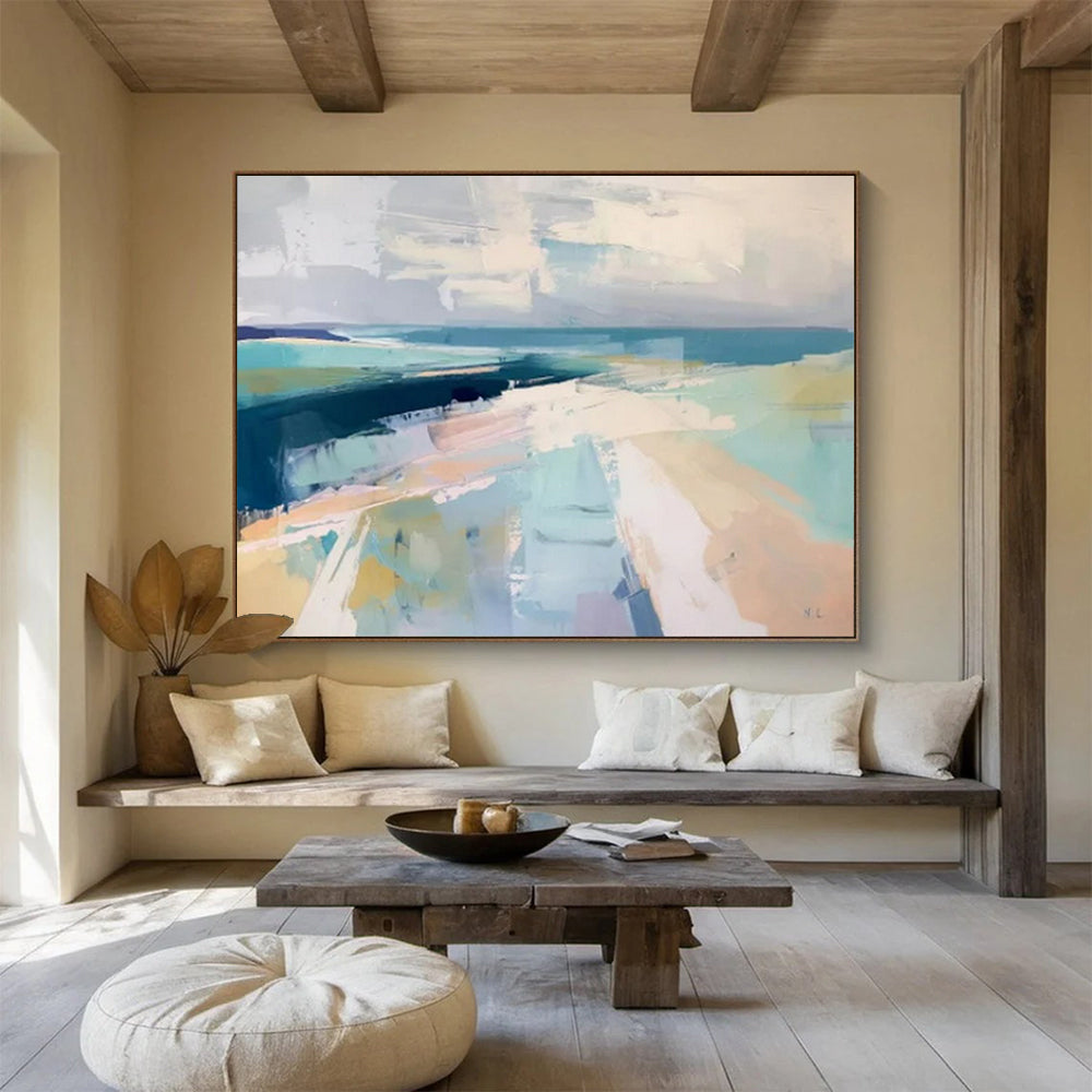 “Cool Coastal Abstract” - Shades of blue, gray, and white; abstract shapes evoking a coastal landscape CT1543