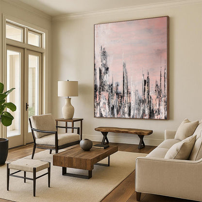 “Blush Cityscape” - Abstract Art with Pink, Gray, White, Black CT0061