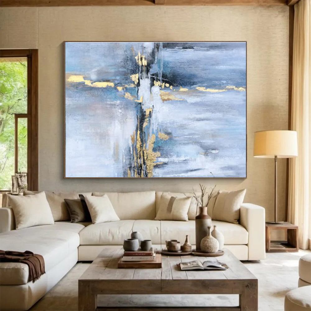 “Blue - Gold Abstract Streaks” - Blues, whites, golds; fluid, streaked abstraction with metallic accents CT1631
