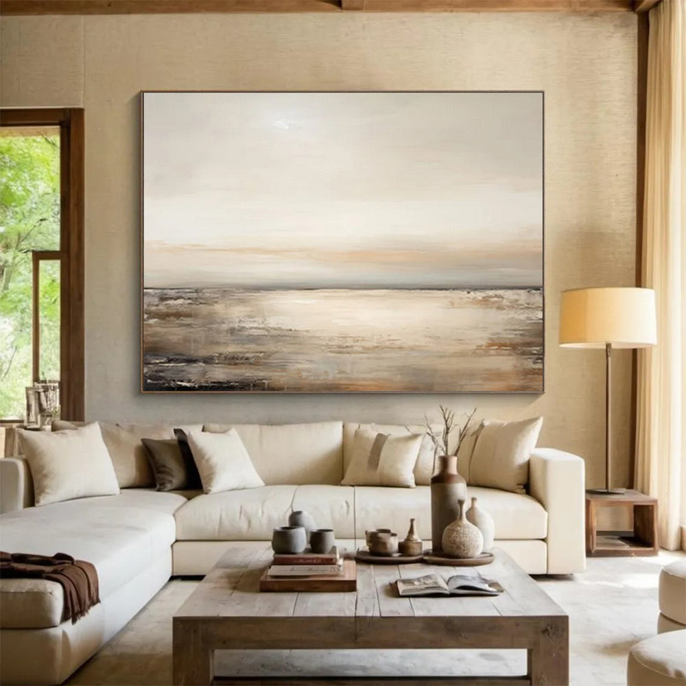 “Beige Sea Horizon” - Beige, gray, white; soft, muted seascape with gentle waves CT1572