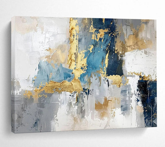 “Gold - Accented Urban Abstract” - Blues, grays, golds; bold, textured geometric abstraction CT1602
