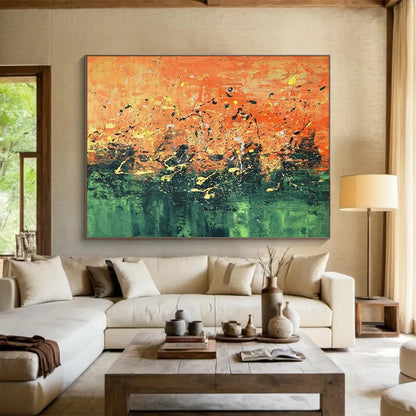 “Sunset Splash Symphony” - Oranges, greens, yellows, blacks; chaotic, colorful splatters CT1603