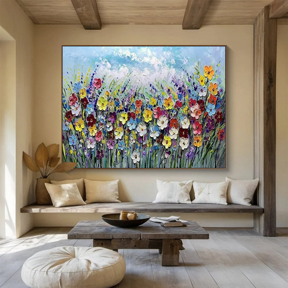 Colorful Flower Field Under Light Blue Sky - Impasto Oil Painting CT1795