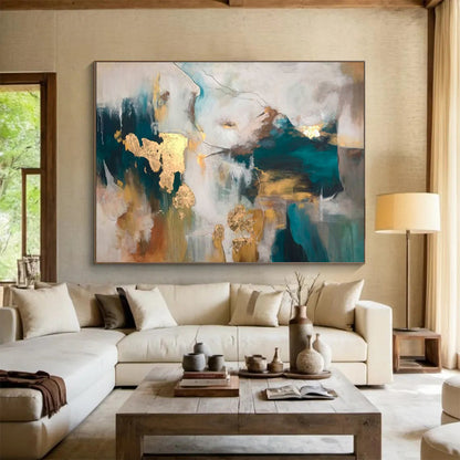 “Teal - Gold Abstract Fusion” - Teals, golds, whites; bold, textured abstraction with metallic flakes CT1632