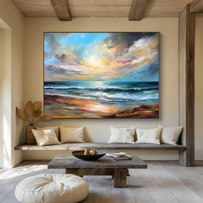 “Realistic Seaside Sunset II” - Blue, orange, yellow, purple; detailed sunset beach scene (twin piece) CT1594