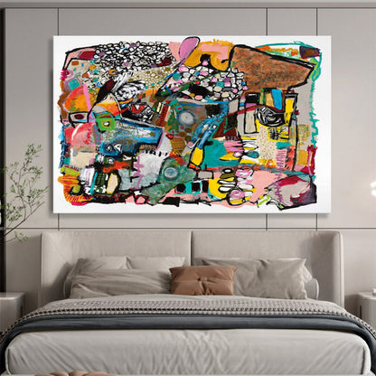 Colorful, complex abstract composition with various shapes and patterns CT1656