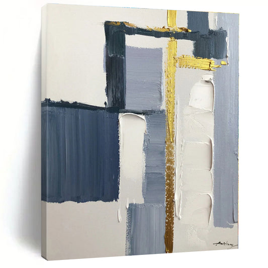 “Grey - Blue Geometry with Gold Accents”，Abstract Geometric Oil Painting CT0514