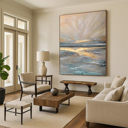 “Golden Horizon - Gold, Blue, Gray Ethereal Seaside” Painting On Canvas DTP264