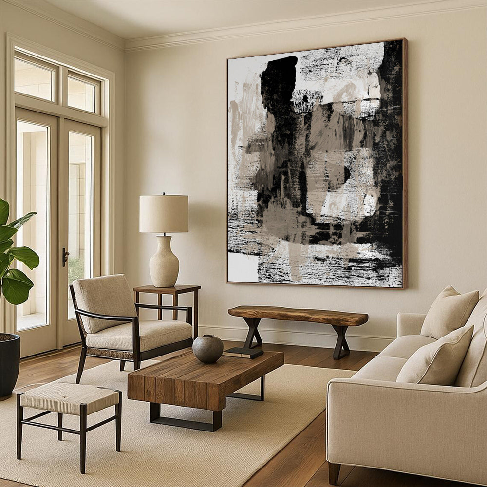“Monochrome Abstract Layers” - Black, White & Beige Textured Painting On Canvas DKH0967