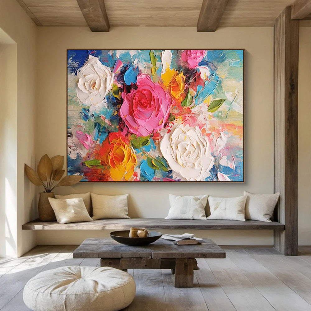Textured Flower Bouquet - Pink, White, Yellow & Blue Floral Painting On Canvas DKH884