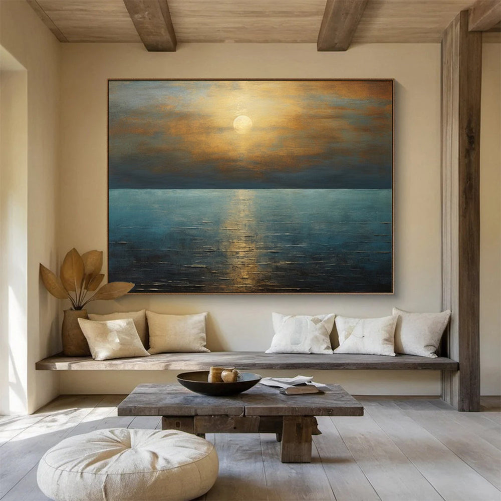 Golden Sunset and Blue Ocean “Serene Solar Reflections” Painting On Canvas DKH102