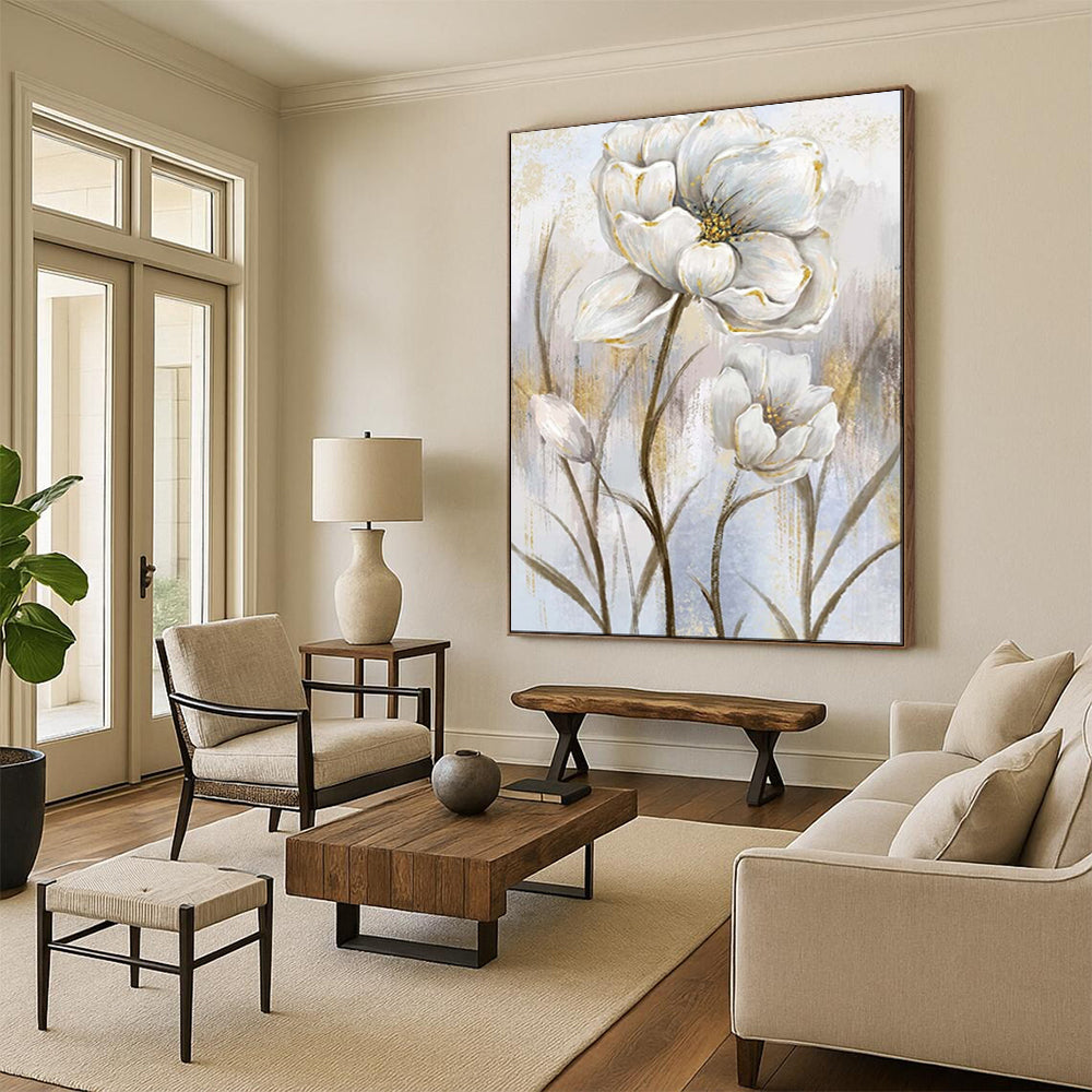 “Elegant White Blossoms: Gold - Accented Floral Art” - Mixed - Media on Canvas CT1906