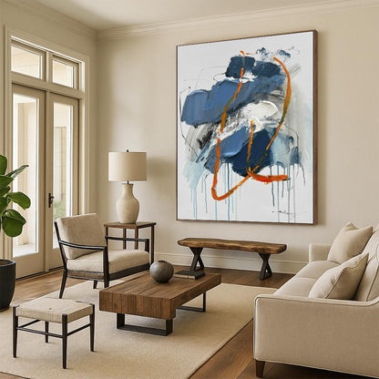 “Blue - Orange - White Dynamic Drips” ，Abstract Acrylic Painting CT0807
