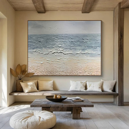 “Textured Seashore - Gray & Beige Impasto Beach Painting On Canvas” DKH865