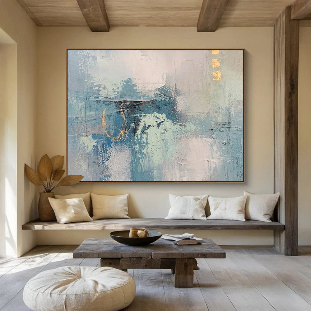 “Subtle Blue Abstract Layers” - Blue, Gray, Beige Minimalist Abstract Painting On Canvas DKH757