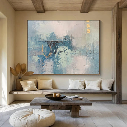 “Subtle Blue Abstract Layers” - Blue, Gray, Beige Minimalist Abstract Painting On Canvas DKH757