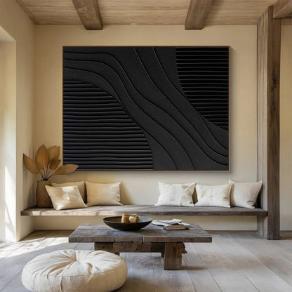 Black and White Textured Abstract “Curved Textured Contrast” Painting On Canvas DKH098