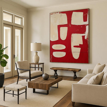 “Red & Beige Geometric Abstract” - Abstract Painting CT2367