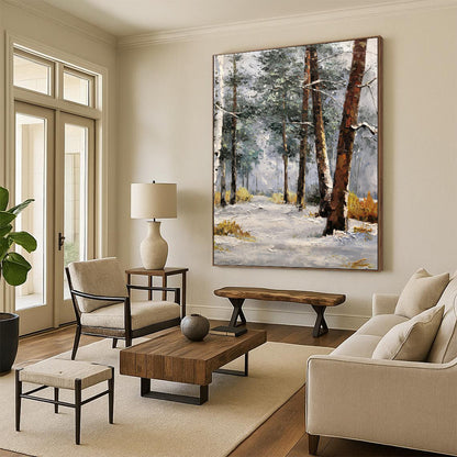 Snowy Forest Path - Winter Landscape Oil Painting On Canvas DKH1274