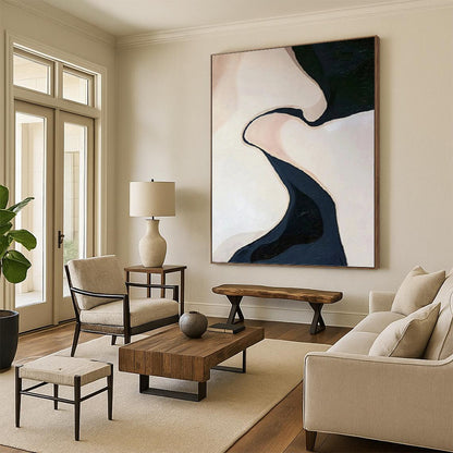 “Abstract Curved Forms in Beige and Dark Blue” - Organic - Inspired Painting On Canvas DKH1120
